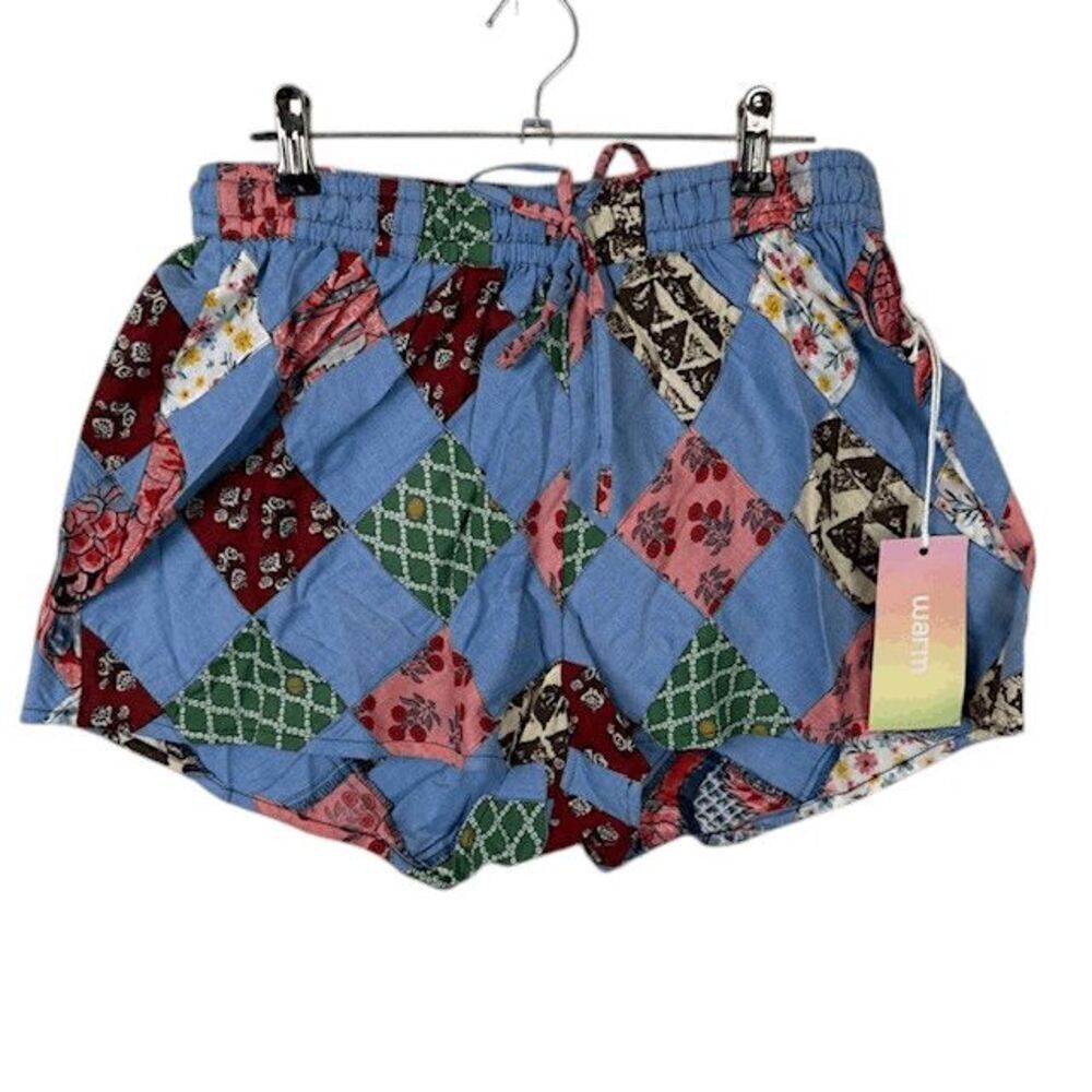 NEW! WARM Getaway Shorts Chambray Multicolor Patch Elastic Drawstring Size XS (0